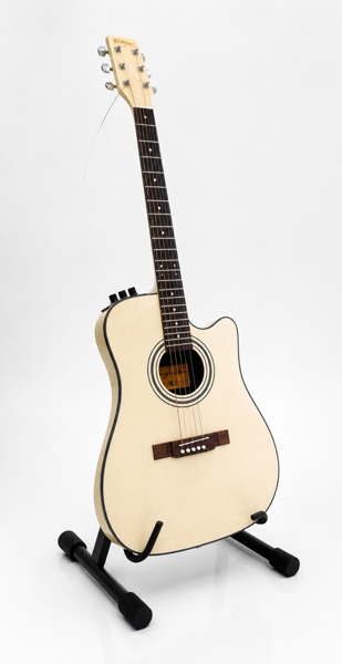 Washburn 1980'erne SBF24 halvakustisk elguitar i en lys/hvidlig finish med single-cutaway, fremstillet i Sydkorea. Med 2 stk. IMG Stage Line guitarvægophæng.