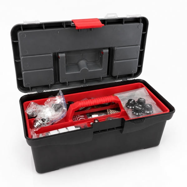 Parti reservedele til elguitarer, bass samt HiFi udstyr i klassisk værktøjskasse i plast - herunder volumeknapper, connector fra bl.a. Gifmen, MGH Guitars samt Mparts.de