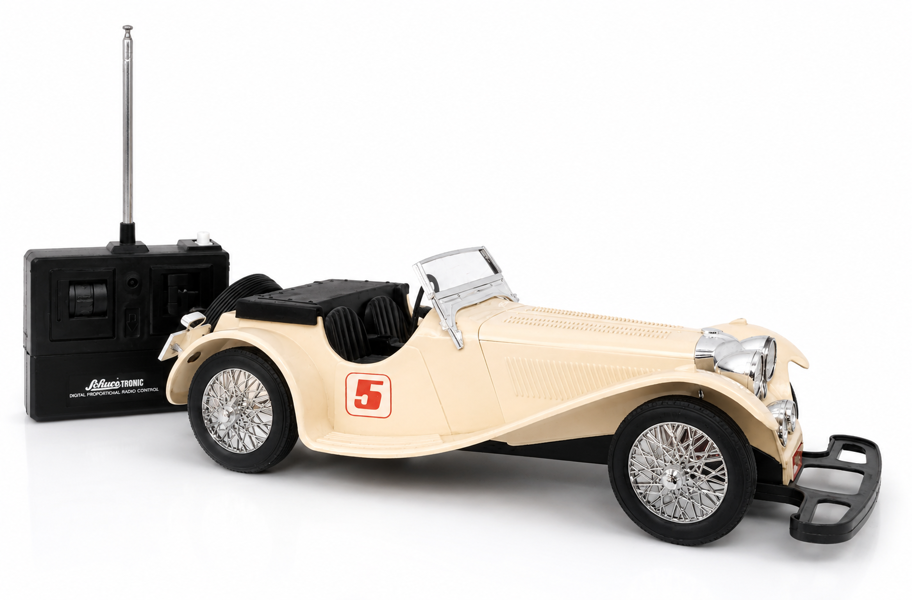 Vintage Schuco Oldtimer Jaguar SS 100Z radiostyret modelbil (Schuco-Nr. 9 5122 100) m. proportional fjernstyring samt instruktionshæfte 