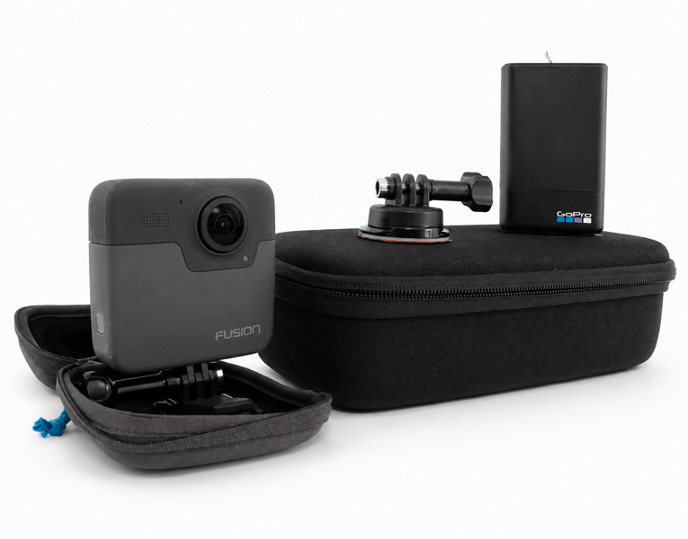 GoPro Fusion 360-graders action-kamera, GoPro Black Dual (ASDBC 001) batterioplader, 3 GoPro Fusion 360 batterier samt softcase