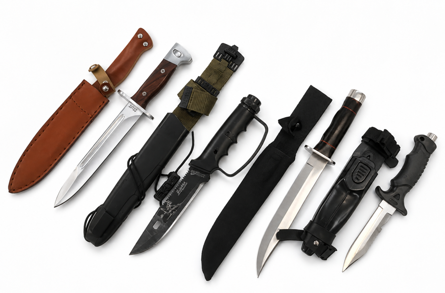 Samling af knive (4 enheder) - herunder Marto Brewer Explora Survival overlevelseskniv, AK-47 CCCP overlevelseskniv, Boda Statncess jagtkniv samt Brand & Redning kniv m. rudeknuser