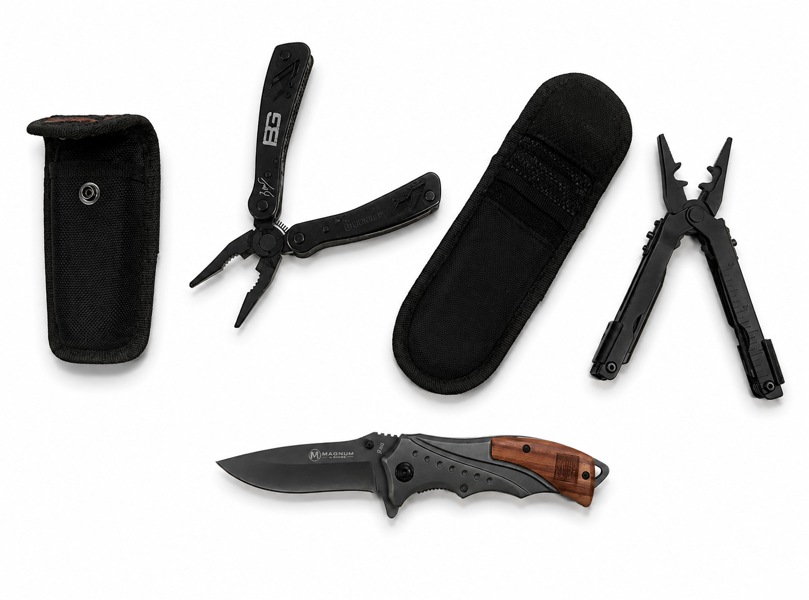 Samling af multitools/knive (3 enheder): Gerber MP600 DET multiværktøj, Gerber 'Bear Grylls' multiværktøj (11-i-1) samt Strider Knives B46 friluftskniv