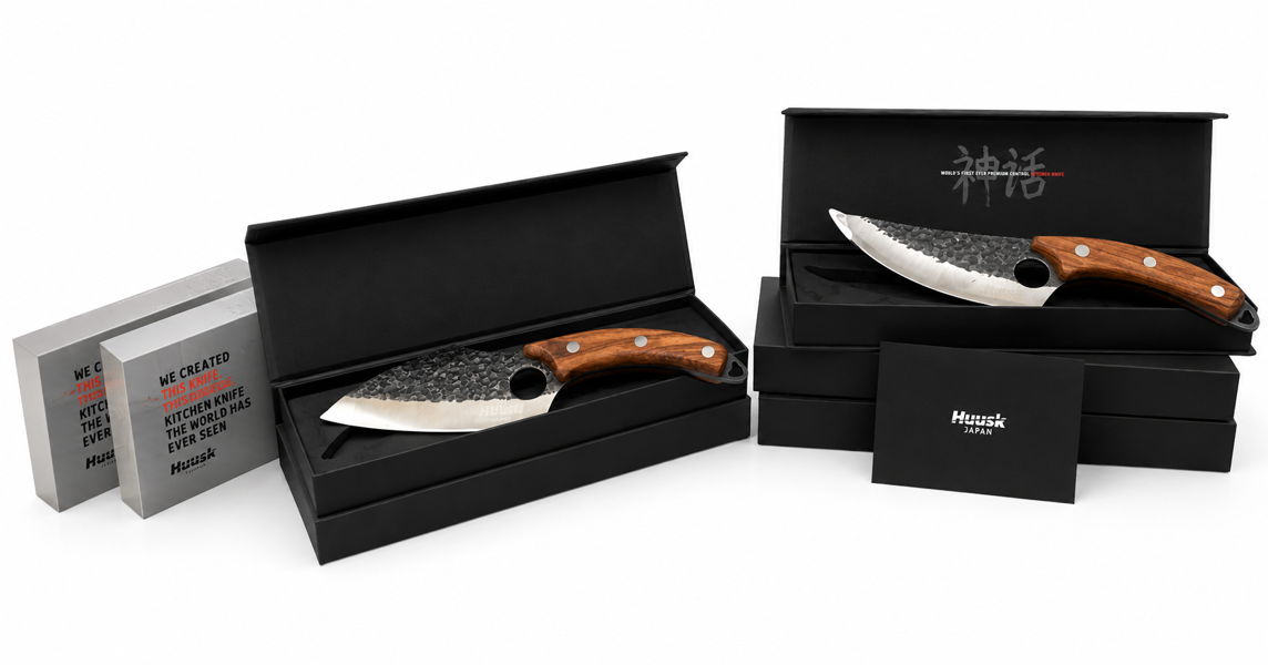 5 stk. Huusk Premium-knive: 2 stk. Control og 3 stk. Blacksmith Heritage - alle knivene er i originale æsker.