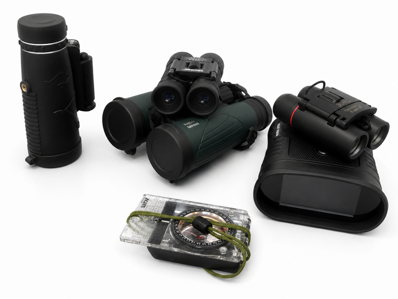 Asphen Extreme Waterproof 10X42 kikkert m. etui, Panda 12X50 Monocular kikkert m. etui, Night Vision kikkert, Tronic 10X25 kikkert, Field 7.2 30X60 kikkert samt Silva kompas