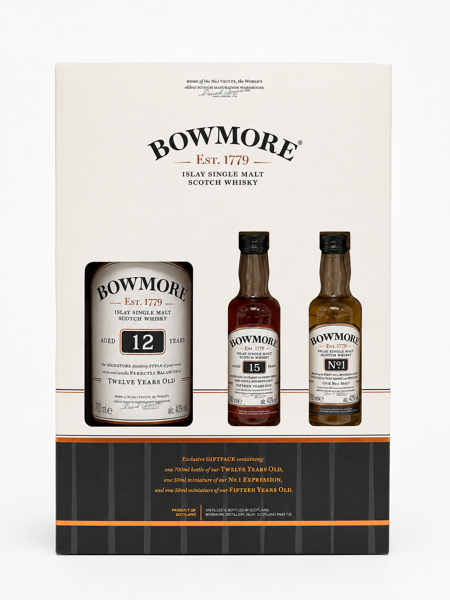 Bowmore Islay Single Malt Scotch Whiskey gaveæske (3 enheder): Bowmore 12-års ISM Scotch Whiskey (700ml), Bowmore 15-års ISM Scotch Whiskey (50ml) samt Bowmore No. 1 (50ml)ISM Scotch Whiskey