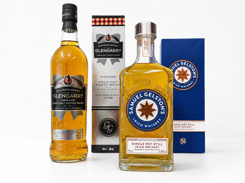 Samuel Gelston’s Limited Release (1. udgave) Single Pot Still (Pinot noir cask) Irish Whisky (700ml) samt Loch Lomond Glengarry Highland Single Malt Scotch Whisky (700ml)