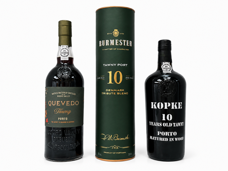 Portvin (3 enehder): Burmester 10 års Tawny (750ml),  Porto Quevedo Christmas Tawny (750ml) samt Kopk10-års Tawny (750ml)