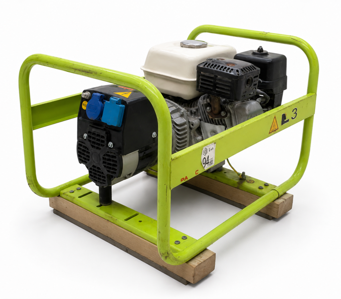 Pramac E3200 generator udstyret m. en Honda GX160 benzinmotor monteret ind i robust beskyttelses- og bære-ramme i stål