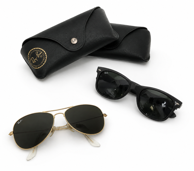 +M: Ray-Ban 2132 New Wayfarer solbrille samt Ray-Ban RB3362 Cockpit solbrille - medfølger 2 etuier (B 165. 207/26)