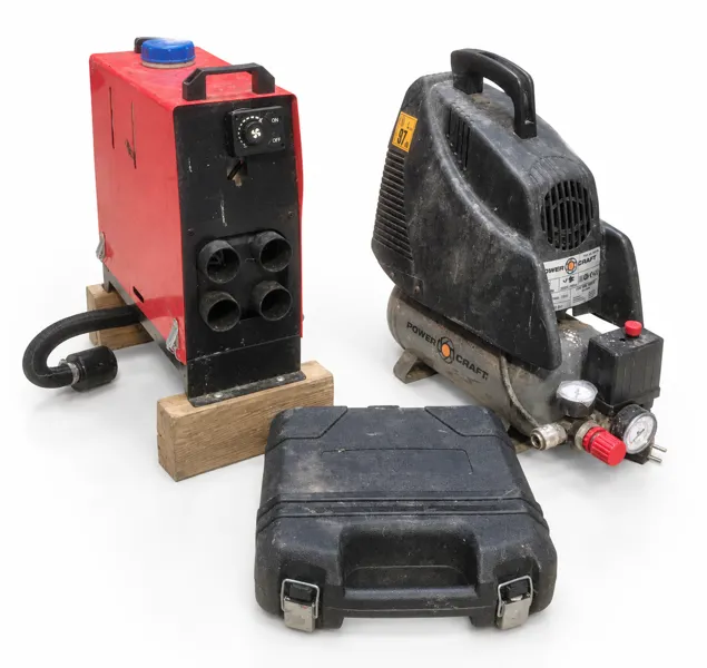 Vevor WF 5001 bærbar alt-i-en dieselvarmer samt Powercraft 1,5 HK luftkompressor (230 V) m. Nuair en 6 liter, 8 Bar tank. 