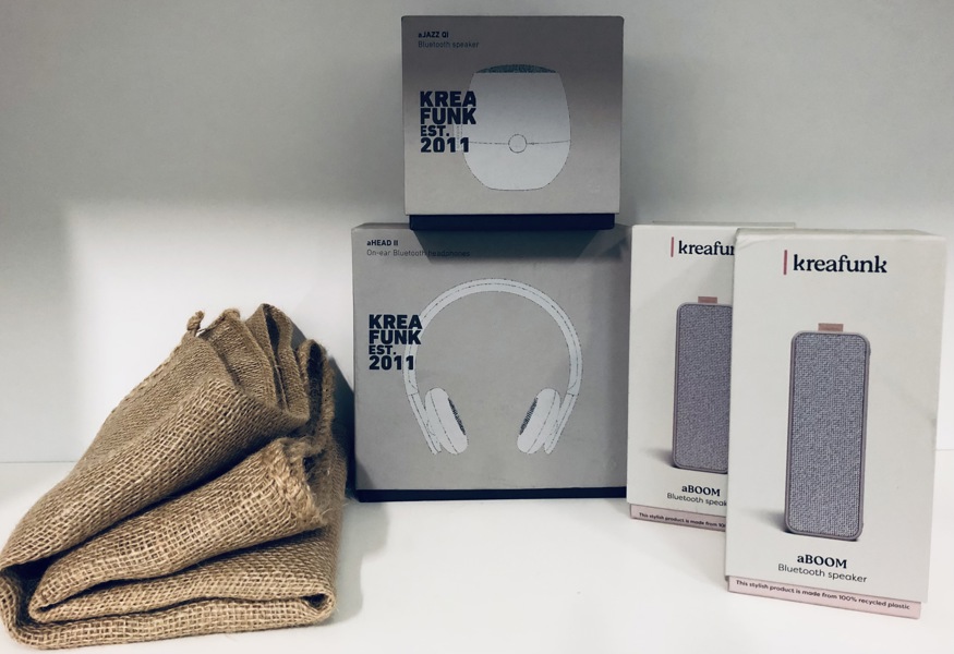 Kreafunk: aHEAD II On-Ear bluetooth høretelefoner, 2 stk. aBOOM bluetooth højtalere samt aJAZZ QI bluetooth højtalere