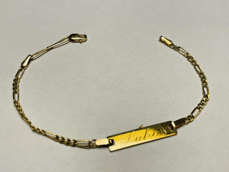 Guld: Armlænke m. navneskilt (Lukas) udført i 14kt./585